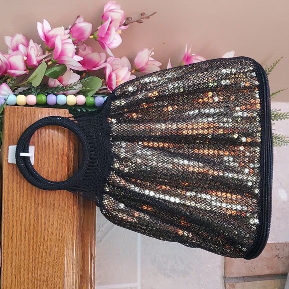 Handbags - Gold Sequins Handbag w/ Black Mesh & Crochet Accents